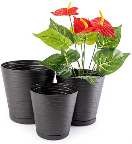 Home Garden Ornaments Tedi Vaso per Piante da Interno Nero Set di 3 Misure 13/15/17 cm - Vaso da Esterno e Sottovaso Integrato con Fori di Drenaggio - Vasi per Piante da Esterno (Nero)