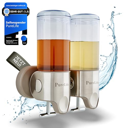 PureLife Seifenspender Wandbefestigung Ohne Bohren | 100% Rostfreier Edelstahl | Shampoo Duschgel Spender | Selbstklebend | Doppelt | Einfache Wandmontage Dusche