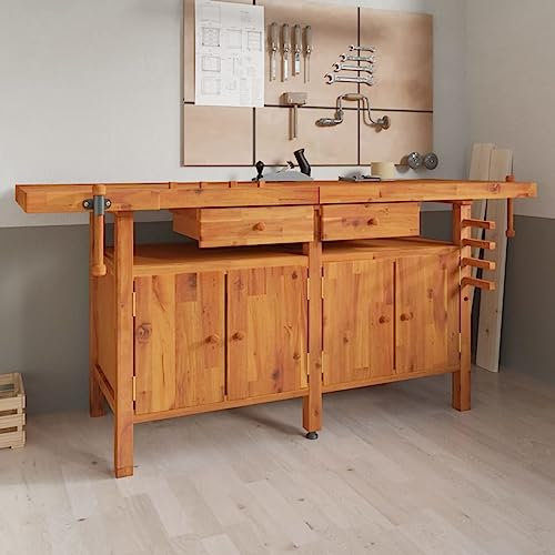 Rantry Mobile Banco Lavoro Cassetti e Morse 192x62x83cm Legno Massello Acacia, Banco Tavolo da Lavoro per Garage Officina con armadietto