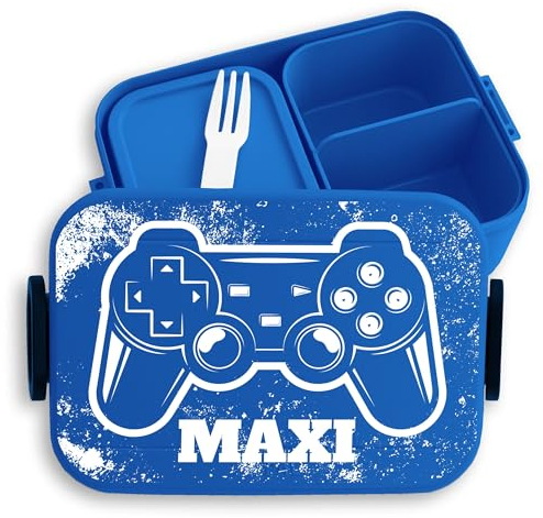 Kinder Bento Box Midi für Mepal Bentobox - Lunchbox Gaming mit Namen Brotbox Zocker Vesperdose cool Jungs I Controller I Gamer I Mädchen - 900 ml - Blau - kita brotdose junge geschenke nerds game