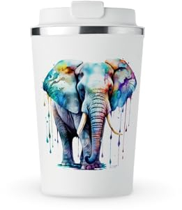 MAXIKIWI - Insulated Double Walled, Leakproof Stainless Steel Mug, Coffee or Tea Travel Tumbler with Lid, Keep Drinks Hot and Cold - Colorful Elephant Watercolor - 350ml