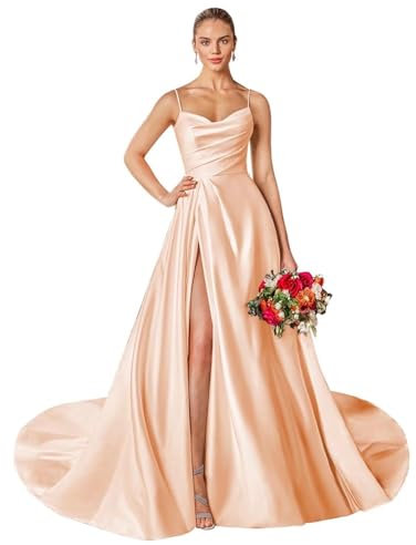 UMLXYER Robes De Bal Dos Nu pour Femmes Spaghetti Strap pour La MariéE Longues Robes De MariéE en Satin à Fente Haute Robe De SoiréE Formelle avec Poches Rose Gold S