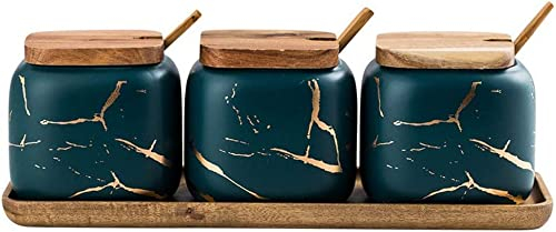LWLYLCHBM Ensemble salière et sucrier en bois avec 3 bols à sucre en marbre avec couvercles et cuillères de service Vert 340 ml