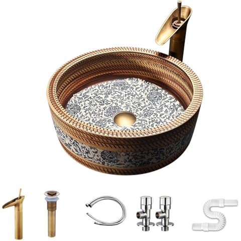 KK-GGL Orientalischer Stil Gefäßspüle, Retro Round Container Waschbecken, Bronze -Arbeitsplatten -Waschbecken, Runder Keramikspüle Gefäß, 41 * 41 * 14 Cm,Vessel sink kit