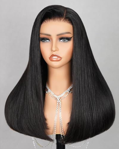 MEGALOOK Salon-Quality Ready to Go Glueless Wigs Human Hair Echthaar Perücke 220% Density 5x6 Pre Cut Lace Frontal Wig for Black Women Silky Straight Wig Real Pre Plucked Bleached Tiny Knots 20 Inch