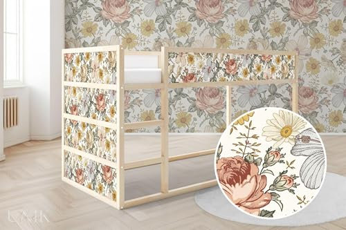 Unik Nordic Aufkleber für IKEA KURA Hochbett, Vintage Blumen 5-Sticker-Set Oben, Bettaufkleber, Sticker für Kinderbett, Möbelfolie fürs Kinderzimmer, Bettfolie für Kinder, Set 5 Teilig