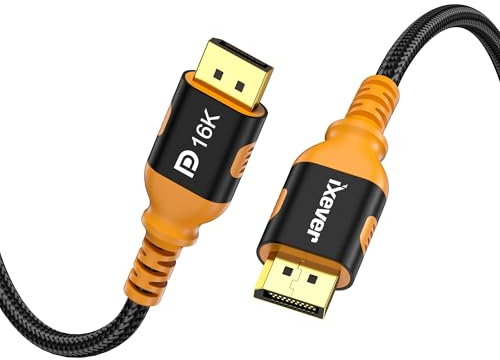 IXEVER Cavo DisplayPort 16K 2.1 6.6FT 16K @ 60Hz, 8K @ 120Hz, 4K @240Hz 165Hz 144Hz, supporto 80Gbps HDR, HDCP DSC 1.2a, HDR10, Display Port 2.1 2.0 Cavo FreeSync G-Sync per monitor da gioco