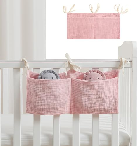 Babybett Organizer mit 2 Taschen,Rosa Betttasche Aufbewahrung für Baby und Kleinkinderzimmer, Wickelorganizer, Kinderzimmer Organizer,Aufbewahrungstaschen für Betten Kleidung Spielzeug,Baby Bett Deko