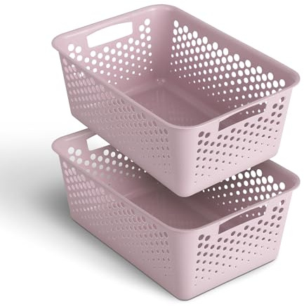 Pro Home 2 Stück Aufbewahrungskorb 10,0L mit Griffen - BPA-Frei - Organizer (37x26x17cm/Rosa) - Körbchen für Bad Küche Schlafzimmer, Haushaltskorb