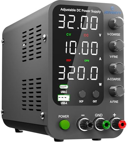 Fuente de alimentación CC Variable, 0-32V 0-10A Fuente de alimentación de Banco regulada CC con Carga rápida USB y Tipo C, Perilla codificadora,Interruptor de Encendido/Apagado de Salida Jesverty