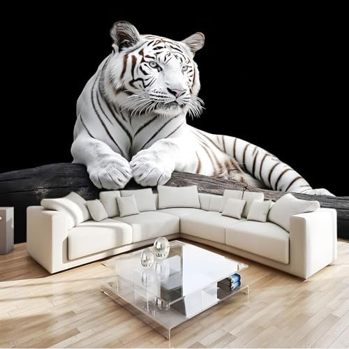Vlies Fototapete Tier Weißer Tiger - Foto Tapete Schlafzimmer Wohnzimmer Moderne Vliestapete 200 x 140 cm Wandtapete Bildtapete 3D Effekt Wand Dekoration
