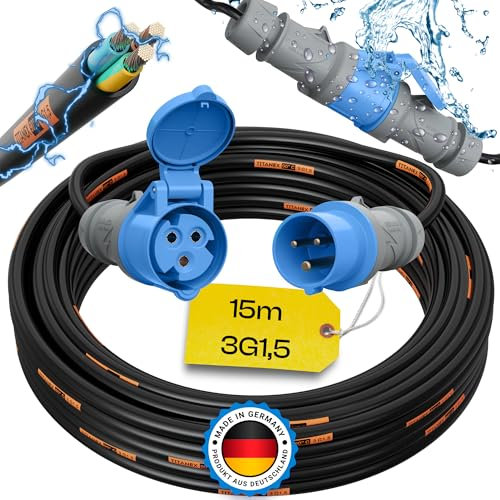 maxgo Camping Stromkabel 15m Wohnwagen Kabel Wohnmobil CEE Stecker TITANEX Verlängerungskabel 3 Polig 3x1,5 Campingkabel 15 Meter Strom Verlängerung H07RN-F Outdoor Mennekes