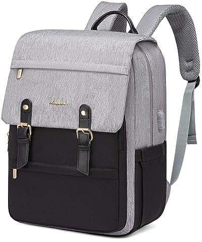 LOVEVOOK Grey Laptop Backpack Women 15.6 inch, Vintage Rucksack Bag for Ladies, Fashion School Bags with USB Charging Port, Casual Work Daypacks for University Teacher College Travel, Grey-Black