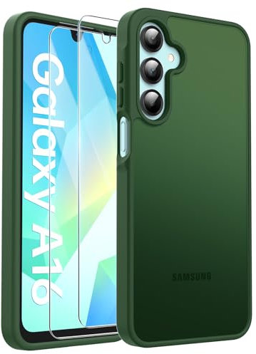 FLLAO Matt Handyhülle für Samsung Galaxy A16 5G Hülle und 2 Schutzfolie, mit Kameraschutz [Militärnorm Schutz] urchscheinende PC Rückseite TPU Bumper Hülle für Samsung A16 - Dunkelgrün