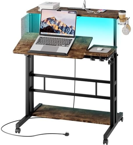 Dripex Standing Desk with Power Outlets & Strip Lights, Height Adjustable Rolling Desk with Tilting Table Top, Sit-Stand Workstation with Wheels, Cup Holder, Hook, Storage Bag, 80 x 60 cm