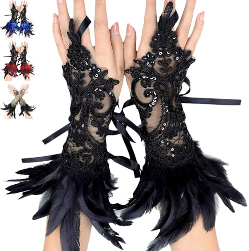 AUNGCSHE Spitze Feder Handschuhe, Feder Manschetten, Damen Feder Spitze Fingerlose, für Halloween Kostüm, Maleficent Kostüm Damen(Schwarz)