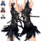 AUNGCSHE Spitze Feder Handschuhe, Feder Manschetten, Damen Feder Spitze Fingerlose, Gotische Kleiderparty, für Hochzeit Karneval Ostern Maleficent Kostüm(Schwarz)