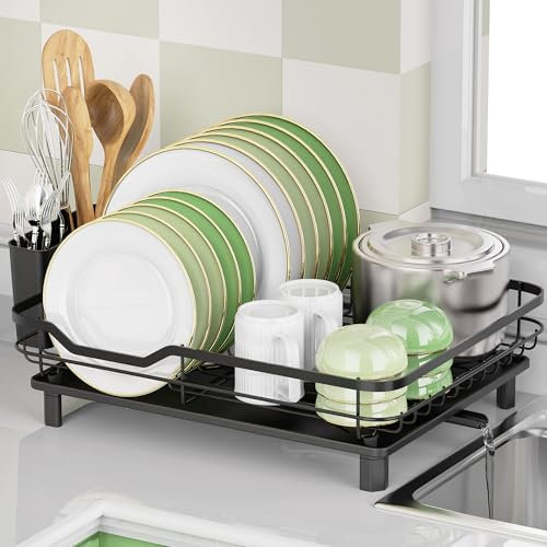 SKERITO Dish Drainer Rack with Utensil Holder,Dish Drying Rack with Drip Tray, Detachable Draining Board Rack with Swivel Drainage Spout,Space-Saving Dish Rack for Kitchen,Black