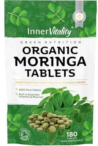Organic Moringa Tablets - 180 High Strength Pure Leaf, Zero Additives, Easier to Swallow Than Capsules, Essential Vitamins & Minerals by Inner Vitality