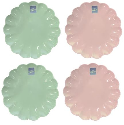 YöL Set of 4 Floral Edged Plastic Plates Summer Dining Outdoor Picnic BBQ Blush Pink Sage Green Trendy Tableware