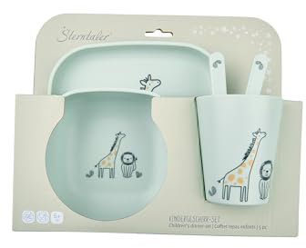 Sterntaler Set de vaisselle girafe et lion – Forme carrée avec motif safari – Assiette, bol, gobelet et couverts, durable, adapté à un usage alimentaire – Pour bébés et tout-petits – Coffret cadeau