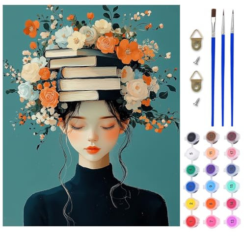 AIRDEA Mujer con libros Pintar por Numeros Adultos, DIY Pintura por Numeros Adultos, Flores Paint By Numbers Adult Pintura al óleo de Lienzo con Pinceles Pigmento Acrílico 40x50 cm (Sin Marco)