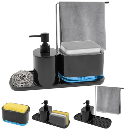 Druuzyl Distributeur de Liquide Vaisselle et Savon Cuisine 4 en 1 - Noir avec Support Éponge et Porte-Torchon, Organisateur d'Évier Multifonction pour Cuisine