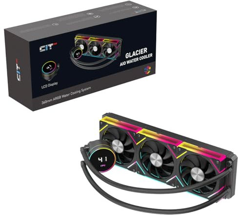 CiT Pro Glacier 360mm Black ARGB CPU Liquid Cooler With Display For Performance Metrics, AIO Cooler 360mm CPU Water Cooler For Intel & AMD, Three ARGB Infinity PWM Fans & Temperature Display