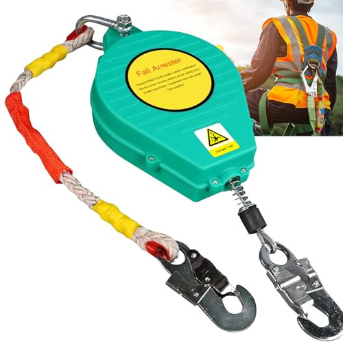 VFDZ Dispositivo Anticaduta Retrattile Certificato, Dispositivo di Sicurezza Anticaduta, Kit Imbracatura Anticaduta Tetto con Gancio Autobloccante, Capacità di Carico:150kg (Green, 10m)