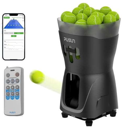 PUSUN PT-Mini Pro Máquina Lanzapelotas para Tenis con App y Mando a Distancia, 5-37 mph, 1.8-8 s/Bola, 65+ Pelotas, Ángulo 25-60°, Batería 3-5 h, Entrenador Portátil para Niños y Principiantes