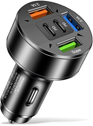 Adaptador de cargador de coche – Carga multipuerto de 100 W | Enchufe 3USB + 2PD tipo C, divisor de energía móvil súper rápido, hub elevador de teléfono, conector automático para viajes por carretera