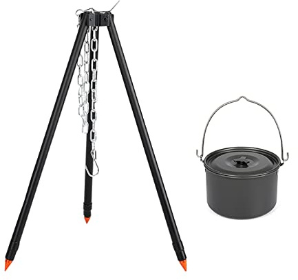 Camping Stativ Grill mit Gusseisen Topf und Laternenaufhänger - Tragbarer Lagerfeuer Kochständer für Dutch Oven und Outdoor Kochen