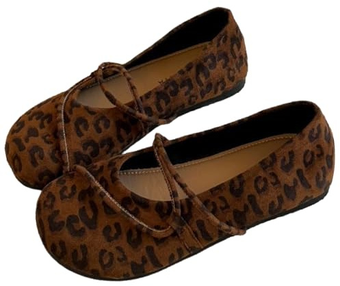 Women's Mary Jane Flat, Orthopedic Suede Ballet Cute Round Toe Classic Mary Jane Shoes Slip On Casual Shoes Work Dress (38EU,Leopard Print)