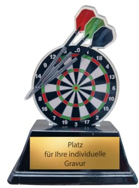 Darts Pokal Trophäe Award - 10cm Dartscheibe mit Wunschgravur & Pfeilen | Leichte Acrylfigur auf schwarzem Sockel, ideal für Dartturniere & Vereine, inklusive individueller Gravurplatte modern