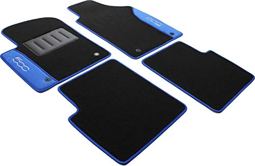 COLOR0000035B, Tappeti auto moquette antiscivolo, Su misura, 2 Ricami, Blu Compatibile con 500 dal 2007-2013, 500 dal 2013-, 500 C dal 2013-, 500 S dal 2013- NO ELETTRICO - NO HYBRID