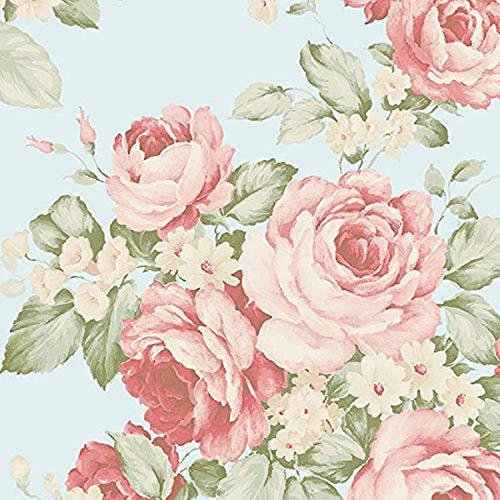Manhattan comfort NWAB27615 Stamford Series Vinyl Rose Bouquet Design Large Wallpaper Roll, 20.5 W x 32.7'L, Blue Cream/Beige/Off White/Red/Pink/Green