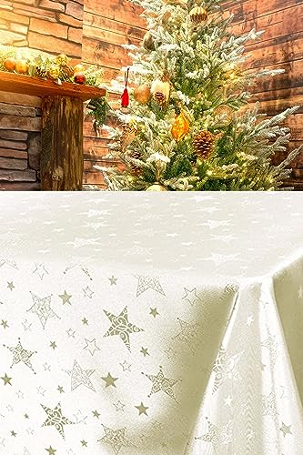 KAMACA Lotus Effekt Läufer Magic Stars mit Sternen Motiv - Fleckschutz Flüssigkeiten perlen ab farb- & formstabil stilvoller Glanz Advent & Weihnachten (Tischdecke 150x250 cm, Champagner/Creme)