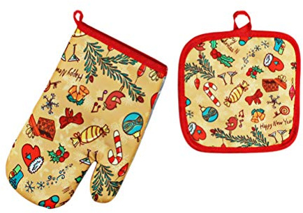 BESTOYARD Weihnachten Topflappen Ofenhandschuhe Schleifen Bonbons Glocken Muster Hitzebeständige Grillhandschuhe Weihnachtsdeko 2 Stück