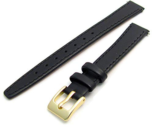 WatchWatchWatch Smooth Stitched Ladies' Leather Watch Strap 12mm Black Gold Buckle C088