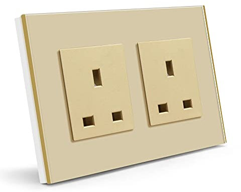 BSEED Wall UK Socket Mirror Glass Frame, Double Pole 3-Pin Wall Outlet Gold, 146mm 1 Gang Standard 13 Amp AC Power Safe Protect for Home/Office, Modern Style, Easy Install with Earth & Neutral