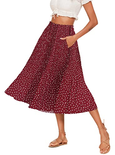 Parabler Damen Hohe Taille Röcke Retro Maxirock Polka Dot Rock Lang Herbst und Winter Elegant Faltenrock mit Tasche Rot XL