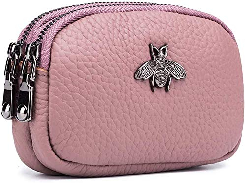 Porte-Monnaie en Cuir véritable pour Femme - Double Zipper Bee Change Pouch Wallet Card Holder Porte-Monnaie Mini Simple Cute Coin Pocket utile pour Les Femmes (Rose)