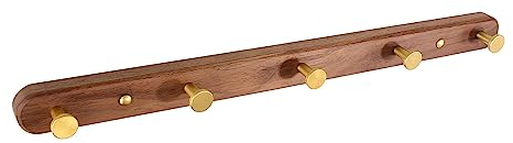 SARIHOSY 5 Haken Wandgarderobe mit Gold Zinklegierung Garderobenhaken Walnuss Holzsockel für Badezimmer Küche Garderobenbügel Rundhaken -5 Haken
