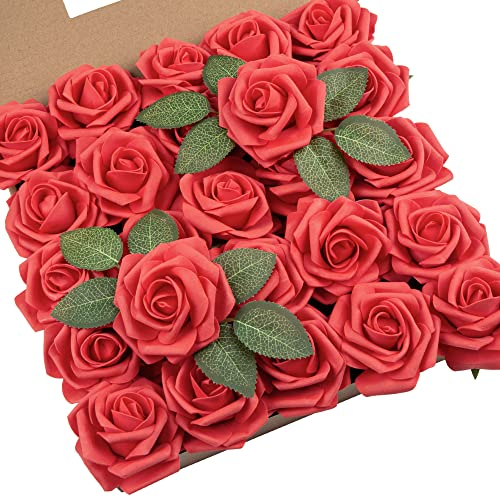 DuHouse Künstliche Rosen Blumen Fake Schaumstoff Rosen Köpfe mit Stiel Künstliche Blumen Rose für Hochzeit Home Party Baby Dusche Valentinstag Deko(25 Stück,Rot)