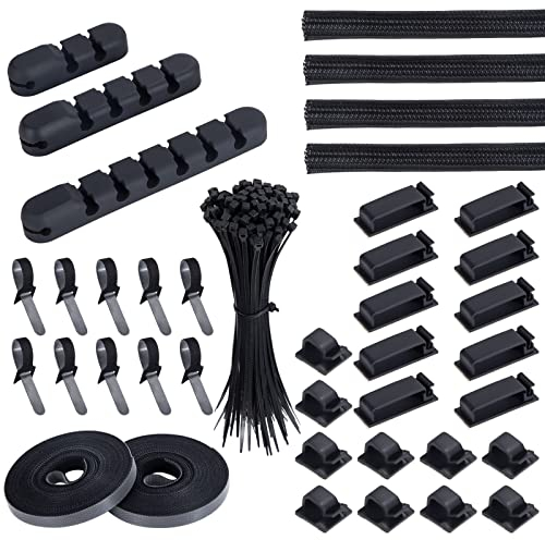 Kabelmanagement Kit 139Pcs mit 4 Kabelschläuche, 3 Schreibtisch Kabelhalter Organizer, 10+2 Befestigung Kabelbinder, 20 Selbstklebende Kabelklemmen, 100 Kabelbinder