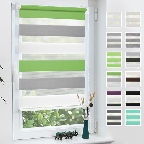 Grandekor Doppelrollo Klemmfix ohne Bohren Grün-Grau-Weiß 60x140cm(Stoffbreite 56cm) Fenster Rollos für innen Klemmrollos Duo Rollos für Fenster ohne Bohren mit Bohren Privatschutz Zebrarollo