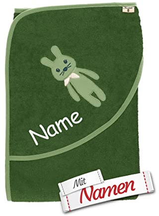 Sterntaler Kapuzenhandtuch Hase Kinni in Dunkelgrün personalisiert mit Namen, GOTS Zertifiziert Badetuch Bestickt für Baby & Kinder, Junge Mädchen Badehandtuch/Kinder-Badetuch mit Kapuze