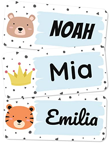 melu kids® Namensaufkleber für Kleidung & Gegenstände, (50 Stück) - Namensschilder Kinder waschmaschinenfest und personalisiert (blau)