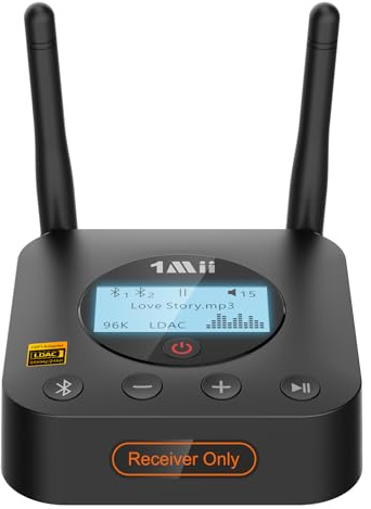 1Mii B06Pro+ Ricevitore Bluetooth 5.3 HiFi con Hi-Res LDAC | Adattatore Audio Wireless con aptX HD/Bassa Latenza, Uscita Ottica/AUX, Controllo del Volume, Display LCD, Lungo Raggio 60m
