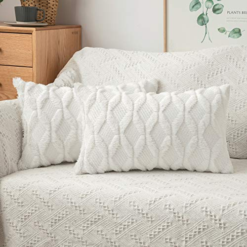 MIULEE Funda de Cojines de Pelo Cojines con Bordado Funda de Almohada Boho para Invierno Moderna Decoracion para Sofa Silla Oficina Cama Habitacion Salón 40x60 cm 2 Piezas Blanco